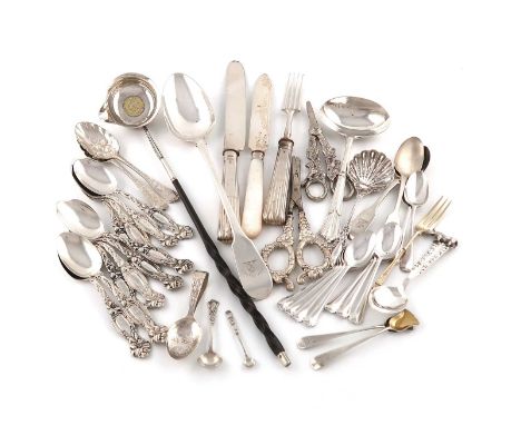 λA mixed lot of silver flatware,various dates and makers,comprising: a Fiddle pattern basting spoon, London 1809, an Albany p