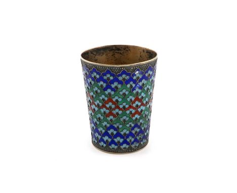 A Soviet-era silver-gilt and enamel beaker, maker's mark ФОШ, 1927-58,circular tapering form, trefoil blue, green and red dec