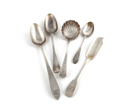 A small mixed lot of Irish silver flatware,comprising: a Celtic-point pattern tablespoon, by Joseph Gibson, Cork circa 1790, 