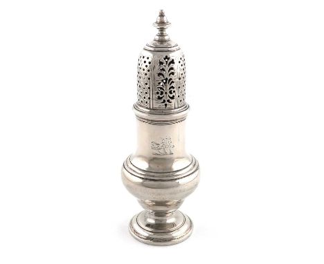 A George II silver sugar caster, by Samuel Wood, London 1750,baluster form, pull-off pierced cover with a knop finial, engrav