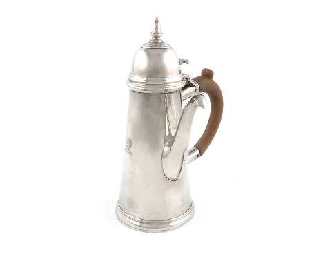 A late-Victorian silver coffee pot,by Charles Stuart Harris, London 1899,tapering circular form, scroll side handle, domed hi