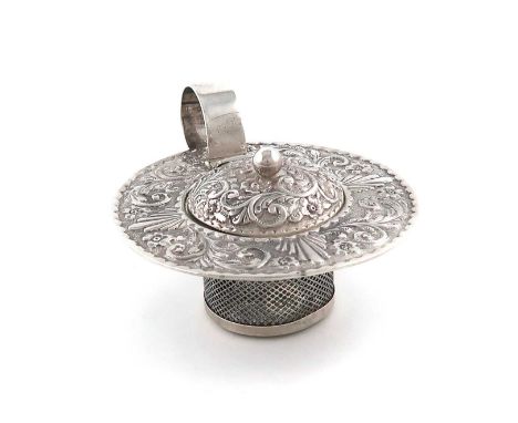 A late-Victorian silver tea strainer / infuser,by Arthur Pennington, Birmingham 1897, also stamped 'Pekin',circular form, low