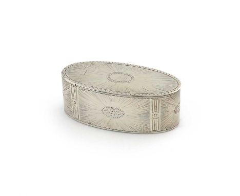 A George III silver snuff box,by Peter Carter, London 1791,oval form, bright-cut and sunray decoration, the flush-hinged cove