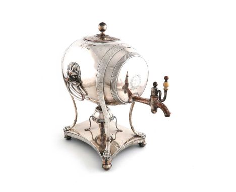 λA George III old Sheffield plated tea urn,unmarked circa 1790,barrel form, with engraved foliate straps terminating in scrol