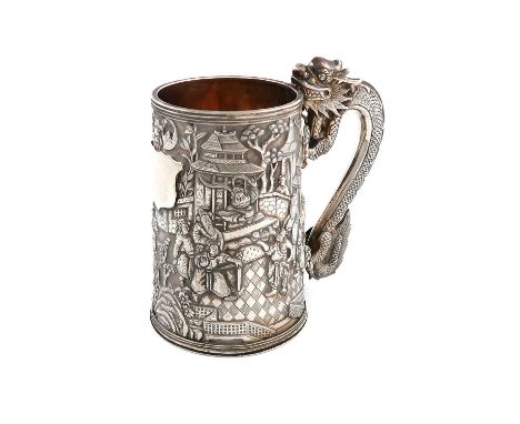 A 19th-century Chinese Export silver mug,by Leeching, Canton and Hong Kong circa 1860,circular tapering form, chased with fig