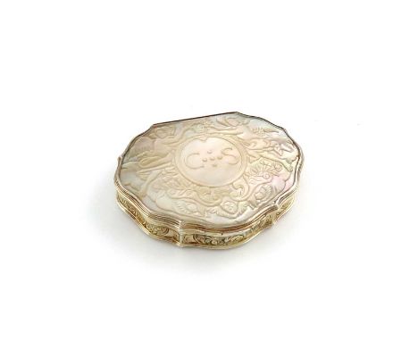 An 18th-century gilt-metal mounted mother-of-pearl snuff box,unmarked circa 1740,cartouche form, the sides chased with scenes