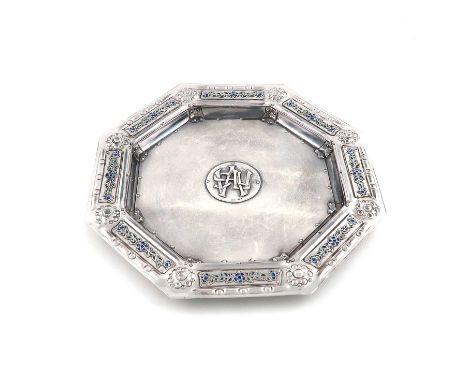 By John Ferguson Gow, an Arts and Crafts silver and enamel salver,London 1949,riveted octagonal form, green and blue enamel f