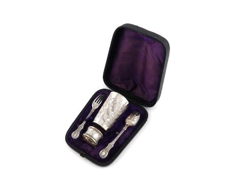 A cased Victorian matched silver four-piece christening set, by Thomas Smily, London 1877 and 1878,comprising: a beaker with 