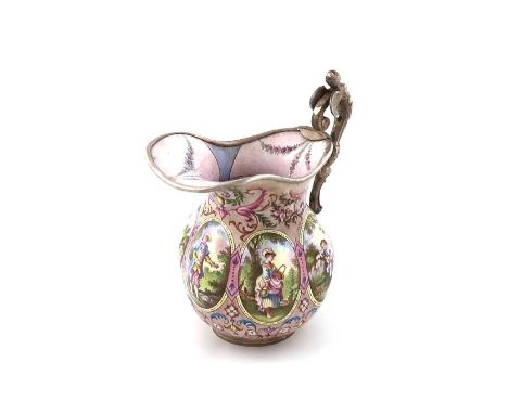 A late 19th-century continental silver and enamel jug,with earlier pseudo marks, probably Austrian,lobed baluster form, carya