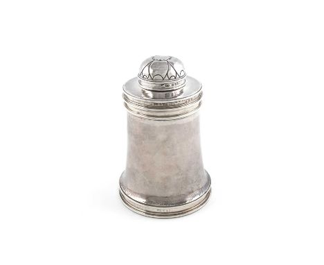 By Reynell Oswald Huyshe, an Arts and Crafts silver tea caddy,London 1931,tapering circular form, spot-hammered decoration, t