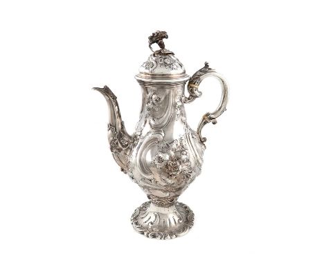 λ λA Victorian silver coffee pot,by Charles & George Fox, London 1846,baluster form, embossed and chased with foliate scrolls