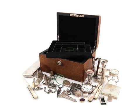 A mixed lot of silver items,various dates and makers,comprising: a small chamberstick, Sheffield 1891, a razor case, a compac