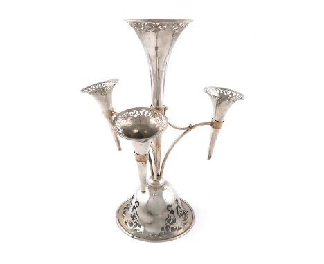 An Edwardian silver epergne,by William Leather, Birmingham 1909,central tapering pierced vase, with three scroll arms each su