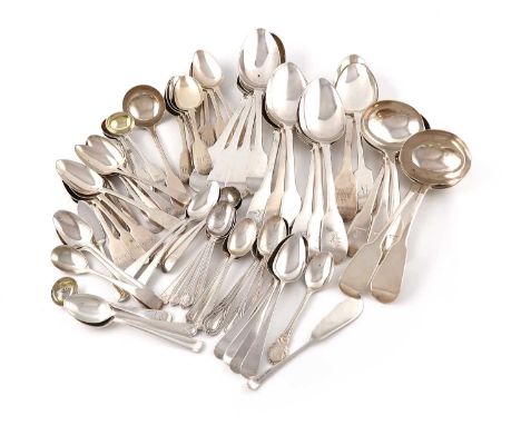 A collection of silver Fiddle pattern flatware,various dates and makers,comprising: a set of six tablespoons, by Mary Chawner