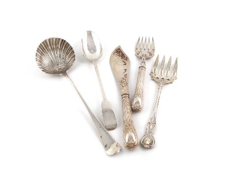 A mixed lot of silver flatware,various dates and makers,comprising: a George III soup ladle, by Thomas and William Chawner, L