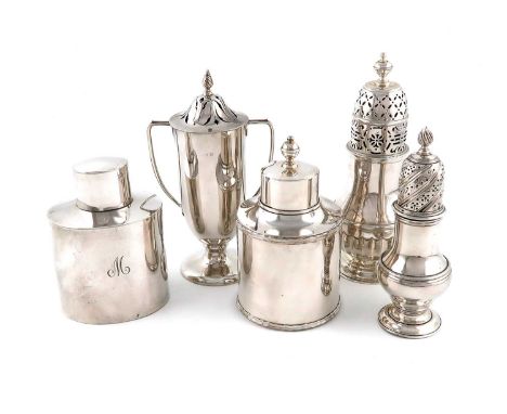 A mixed lot of silver items, comprising: a George II sugar caster, by Samuel Wood, London 1756, circular baluster form, ropew