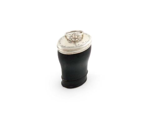 An early-18th century Scottish silver-mounted snuff mull,unmarked, circa 1716,waisted oval form, the pull-off cover with engr