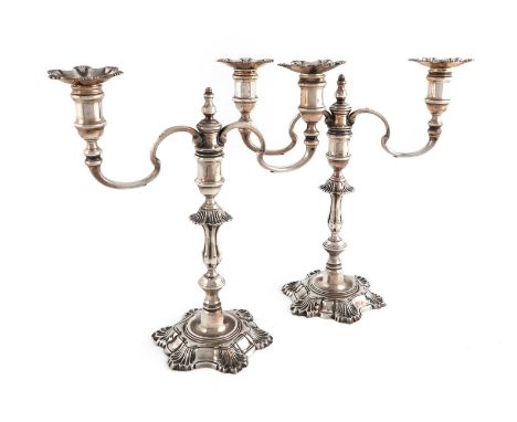 A pair of modern cast silver two-light candelabra,by J.B Chatterley and Sons, Birmingham 1972,in the mid-18th century manner,