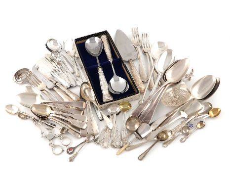 A mixed lot of silver flatware,various dates and makers,including: six Old English pattern table forks, six various tablespoo