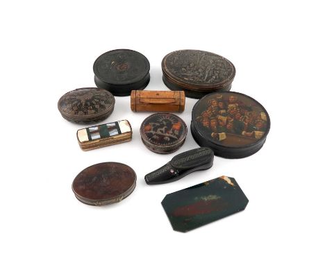 λ λA collection of snuff and tobacco boxes, comprising: two 18th century silver and tortoiseshell snuff boxes, an Old Sheffie