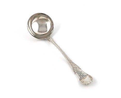 A modern silver soup ladle,possibly by Vincci Ltd., Sheffield 1990,stylised Coburg pattern, circular bowl with a shell heel, 