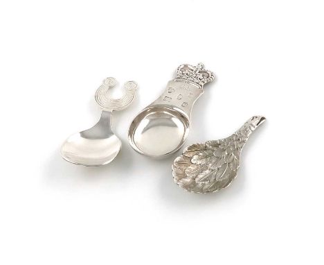 Three modern silver caddy spoons,comprising: an Irish one with the Gleninsheen Collar handle, by T. O'Connor and Sons Ltd. Du