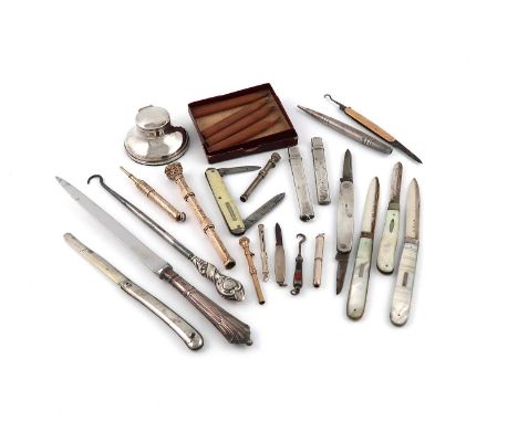 A mixed lot,comprising: a 9 carat gold penknife, plus silver items: two penknives, four fruit knives, two silver button hooks