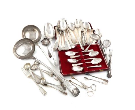 A mixed lot of flatware,various dates and makers, comprising silver items: a set of six George III Old English pattern initia