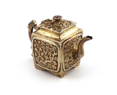 A George IV silver-gilt Chinoiserie miniature teapot,by Joseph Willmore, Birmingham 1829,square form, chased foliate decorati