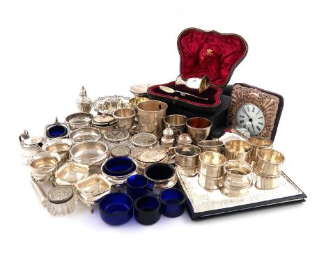 A mixed lot of silver items,various dates and makers,comprising: twelve various salt cellars, two pepper pots, three mustard 