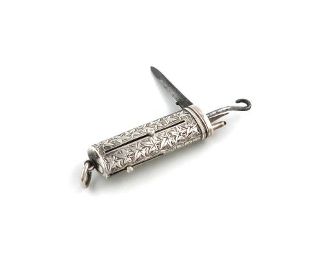 A late-Victorian silver combination penknife,by Joseph Adelman, Birmingham 1892, oval cylindrical form, engraved decoration, 