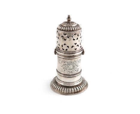 A William and Mary silver sugar caster,by George Garthorne, London 1691,light house form, bayonet fitting pierced cover with 