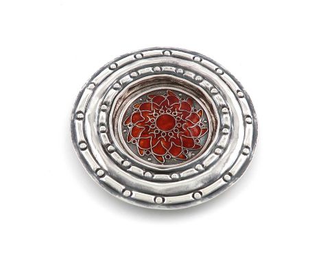 By John Ferguson Gow, an Arts and Crafts silver and enamel dish,London 1947,circular form, with dark orange enamel decoration