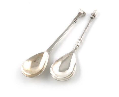 By George Hart for The Guild of Handicraft, two Arts and Crafts silver spoons,London 1939 and 1945,fig-shaped bowls, tapering