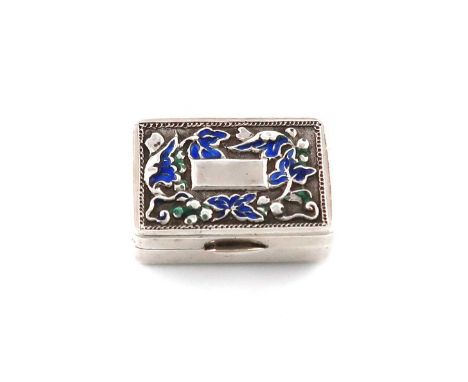 A Chinese silver and enamel vinaigrette,marked with Chinese characters,rectangular form, chased decoration with blue and gree