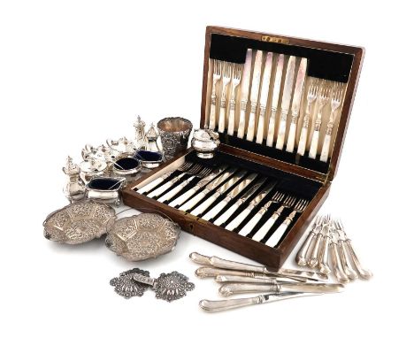 A mixed lot of silver items,comprising: a six-piece condiment set, by H. Matthew, Birmingham 1918, a three-piece condiment se