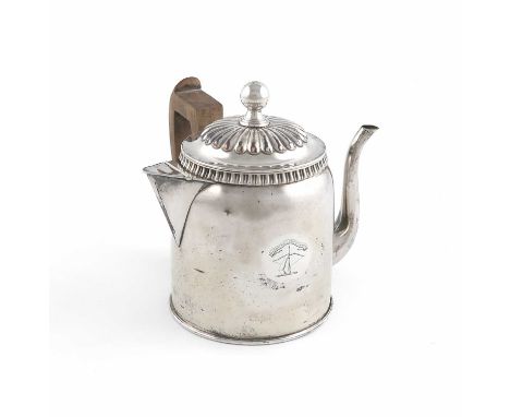 An early 19th century old Sheffield plate argyle,unmarked, circa 1820,tapering circular form, scroll handle, fluted pull-off 