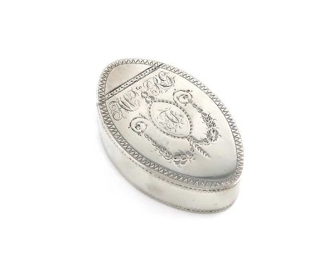 A George III silver snuff box,by Thomas Phipps & Edward Robinson, London 1790,oval navette form, bright-cut decoration, the f
