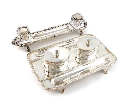 An Edwardian Scottish silver double inkstand,by Hamilton &amp; Inches, Edinburgh 1905,rectangular form, gadroon borders, on f