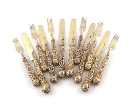 A matched set of six Victorian silver-gilt Vine pattern fruit knives and forks,the knives by George Adams, London 1850, the f