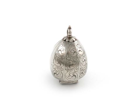 A 19th century box,unmarked,modelled as a 17th century pomander, ovoid form, foliate scroll decoration, hinged body, with a r
