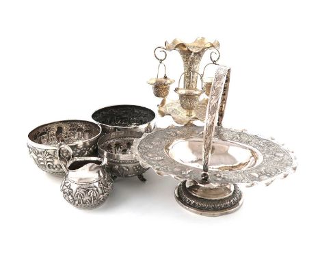 A mixed lot of Indian silver and metalware,comprising: an epergne, with a central tapering vase, and three hanging small bowl