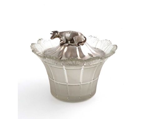 A William IV silver-mounted glass butter tub,by Thomas Bradbury and Son, Sheffield 1835,tapering frosted glass body, the pull
