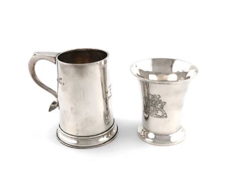 A presentation silver mug,by R. Burbridge, Birmingham 1934,tapering circular form, scroll handle, glass base, inscribed, heig