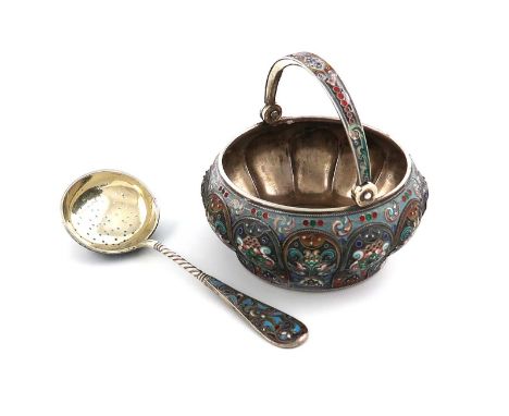 A Russian silver and enamel sugar bowl and matching spoon,1908-1917,lobed circular form, with polychrome enamelled foliate de