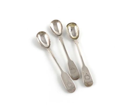 Three George IV and Victorian regimental silver Fiddle pattern egg spoons, Army Medical Staff,two by George Adams, London 184