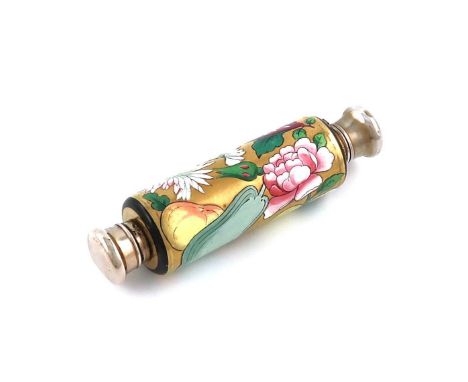 A Victorian silver-gilt mounted ceramic scent bottle, by S. Mordan and Co., cylindrical form, enamelled with flowers on a gol