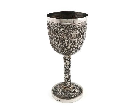 A 19th-century Chinese Export silver goblet,maker's mark unidentified, CW?, also with Chinese characters,vase form, chased wi