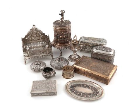 A mixed lot of Middle and Far Eastern silver, metalware and electroplated items,comprising: a box of rectangular form, stampe