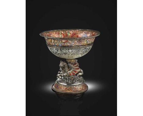 A late 19th century Austrian silver-gilt, rock crystal and enamel tazza,maker's mark of HR conjoined for Hermann Ratzersdorff